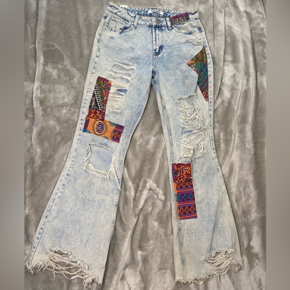 Vintage Almost Famous Flared Mid Rise Light Denim patchwork deconstructed artsy